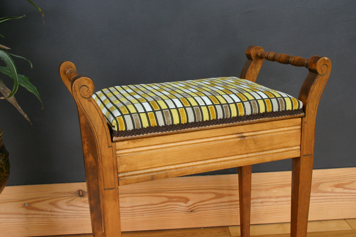 Edwardian Piano Stool – Newly Reupholstered in Bold Geometric Fabric | Vintage Statement Furniture