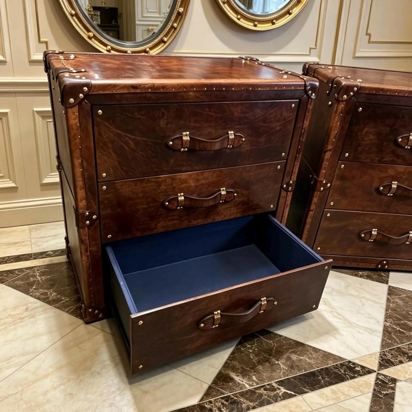 Leather luxury English bedside drawers - Handmade nightstands - Hand dyed bridle - Chestnut brown