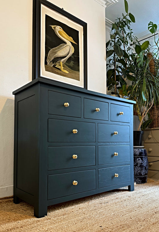 Newly refurbished solid oak chest of drawers bank of drawers dresser blue sideboard