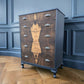 Vintage art deco navy blue walnut burr wood chest of drawers tallboy