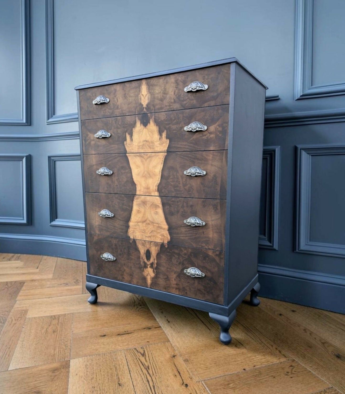 Vintage art deco navy blue walnut burr wood chest of drawers tallboy
