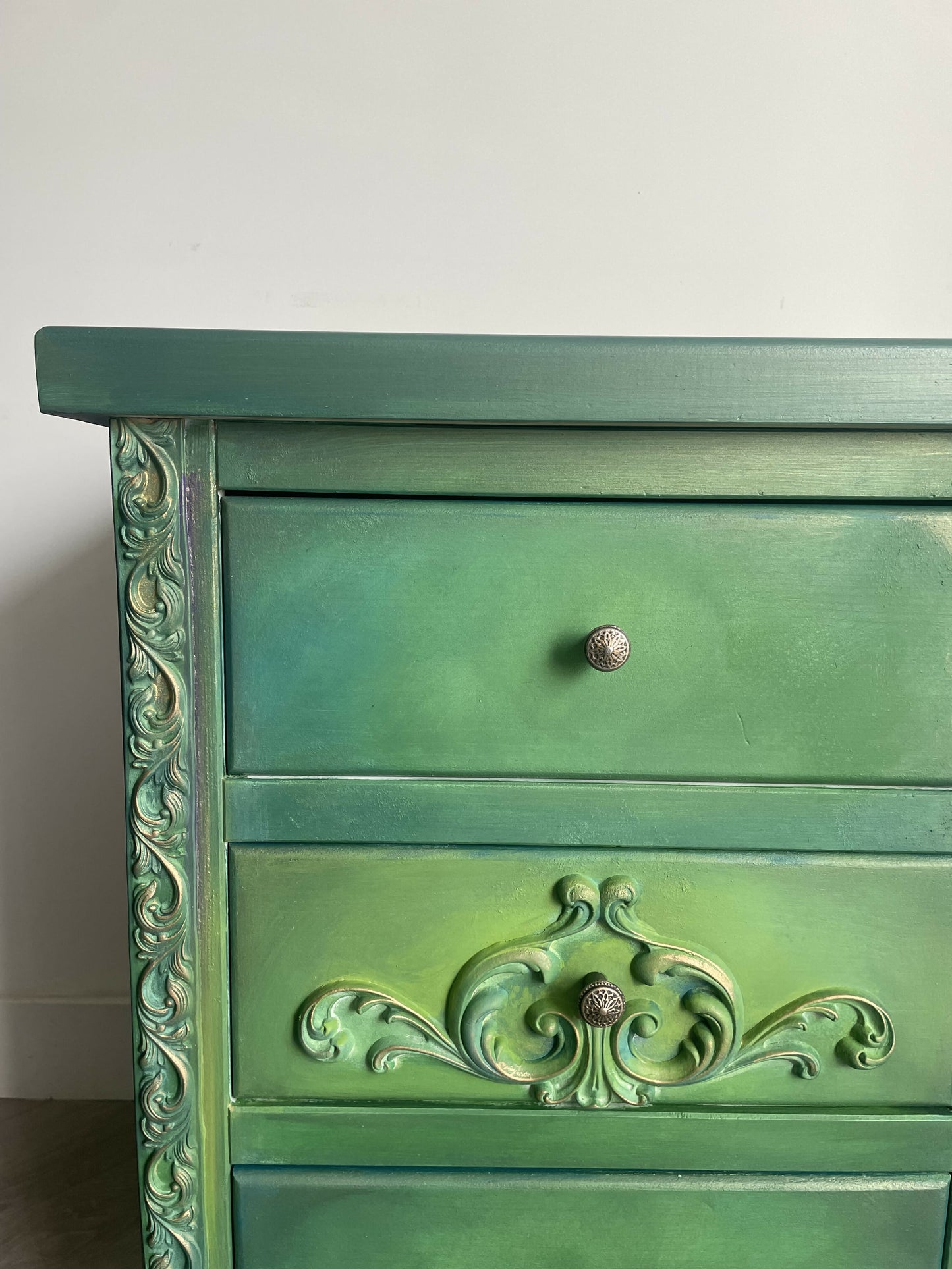 Vintage pine pair of bedside drawers, hand painted green and gold