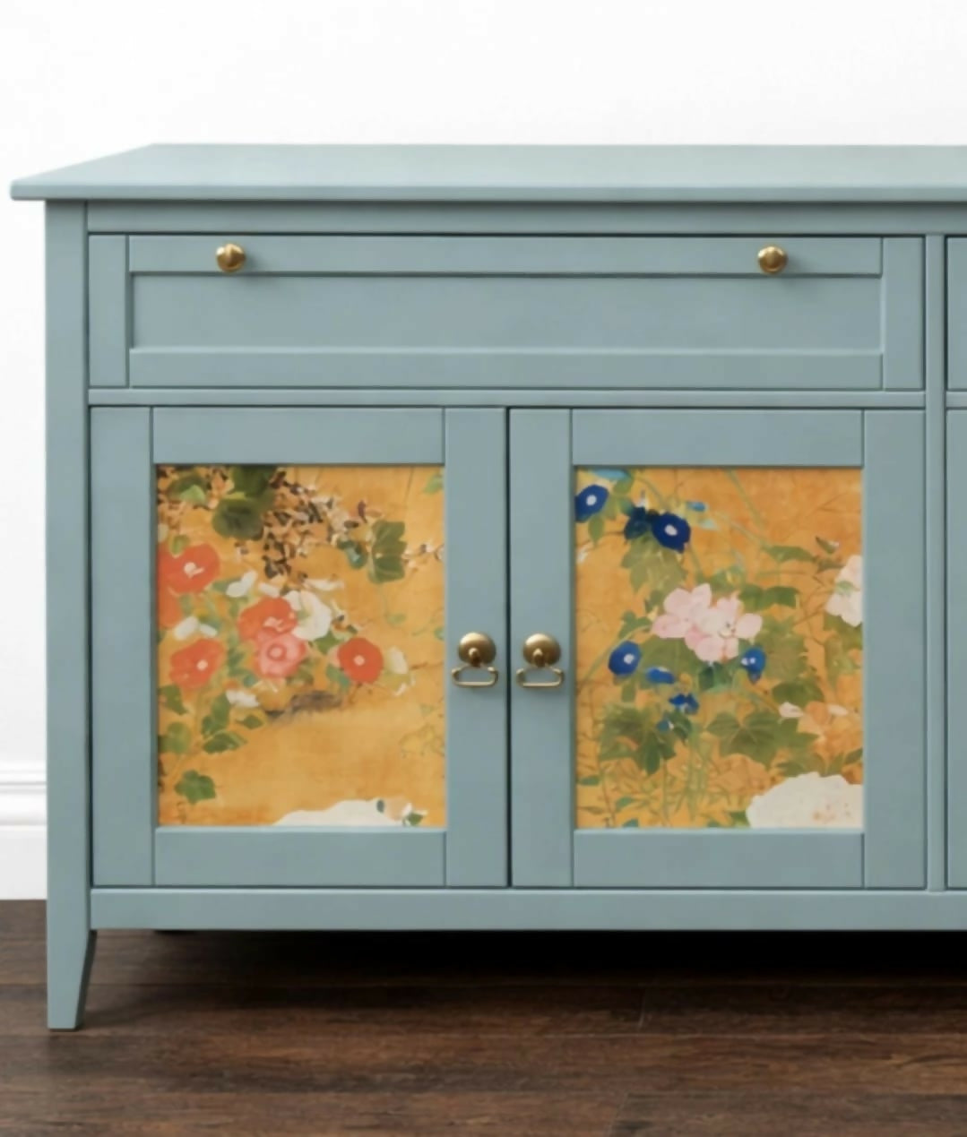Vintage Oriental Print Pale Blue Sideboard Painted Upcycled Custom Commission