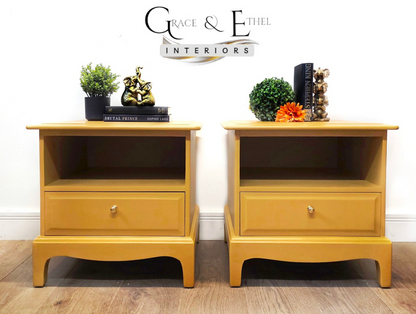 mustard yellow stag minstrel bedside cabinets