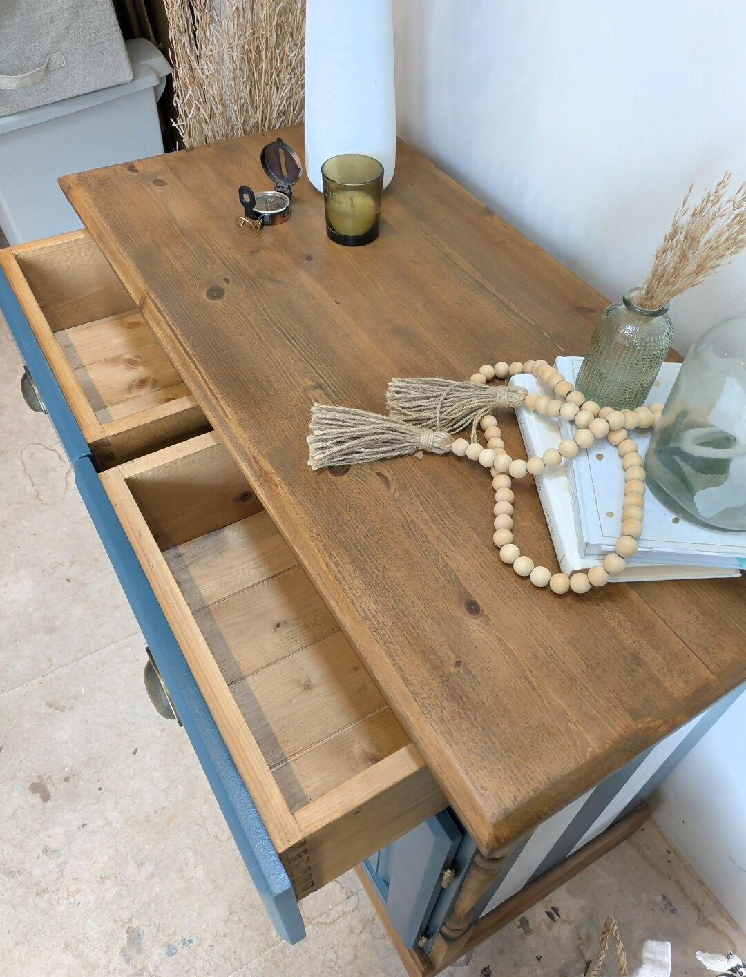Vintage Solid Pine Blue Painted Sideboard, Hallway Cabinet with Stripe Detail and Floral Interior