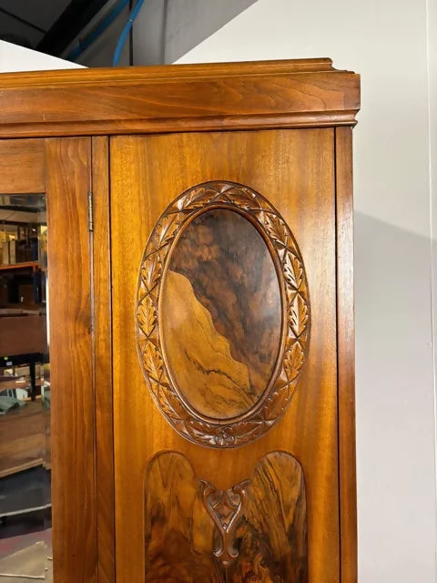 Edwardian Walnut Single Door Mirrored Wardrobe with Carved Panels