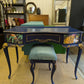 Vintage French Dressing Table, Desk Bedroom Office. Painted Furniture. Upcycled Navy Blue Gold Tropical Bird Commission Piece