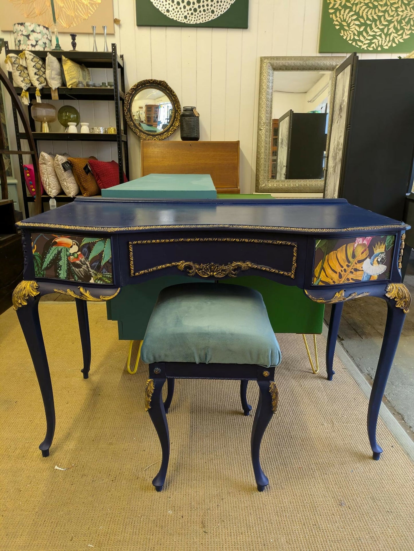 Vintage French Dressing Table, Desk Bedroom Office. Painted Furniture. Upcycled Navy Blue Gold Tropical Bird Commission Piece