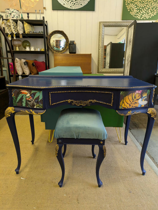 Vintage French Dressing Table, Desk Bedroom Office. Painted Furniture. Upcycled Navy Blue Gold Tropical Bird Commission Piece