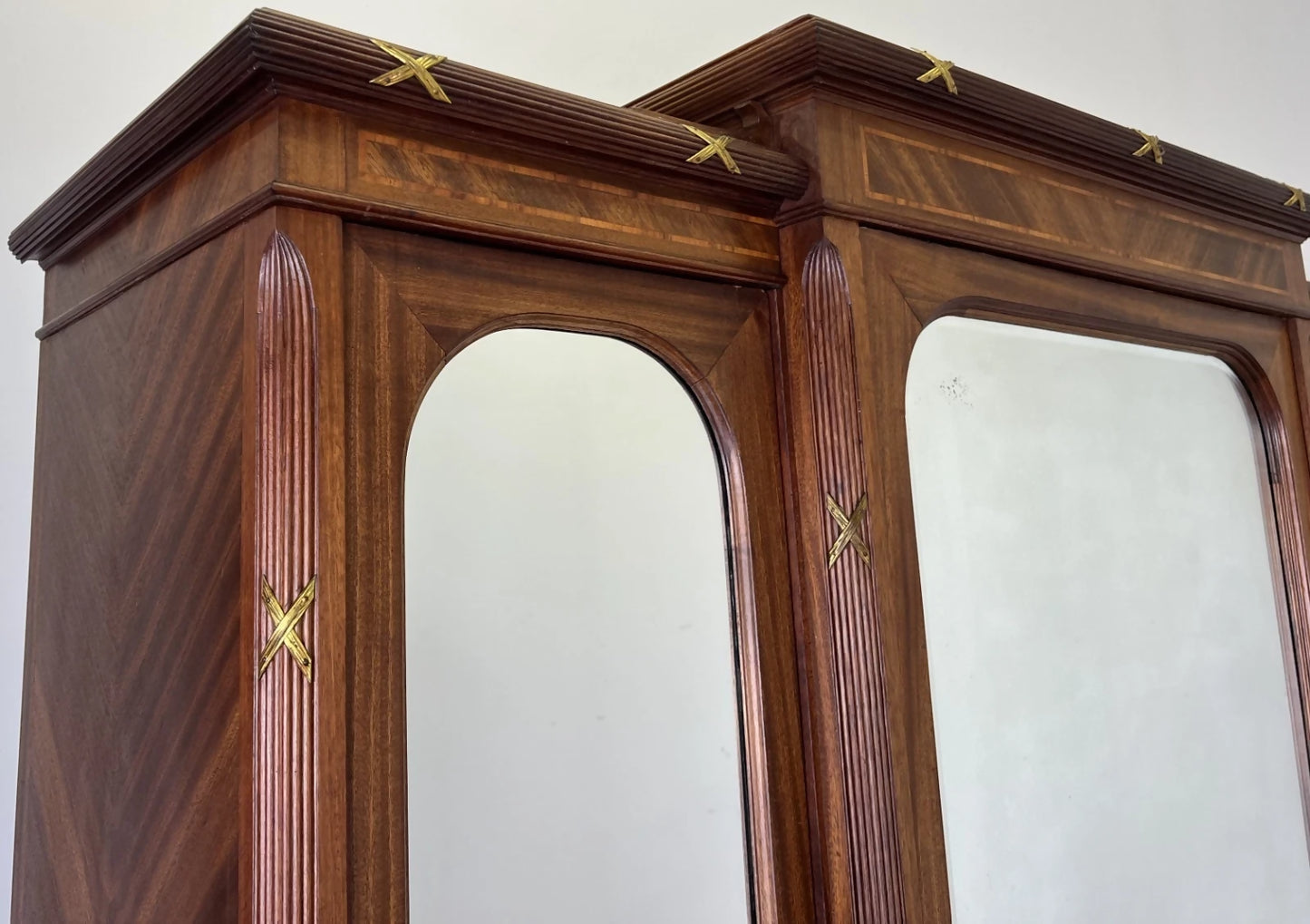 Wardrobe Antique French Style Three Door Inlaid Burr Mirrored Armoire LOT 6163