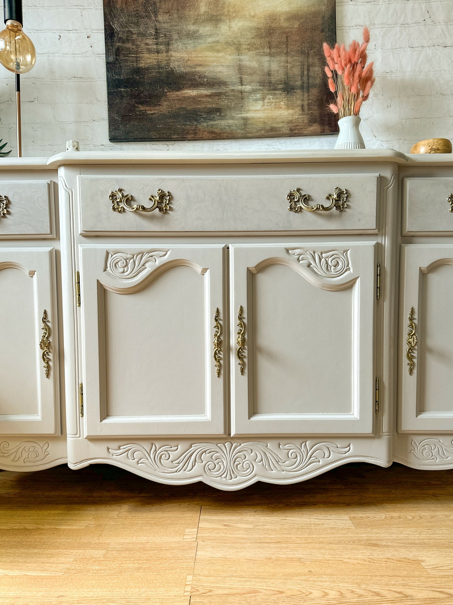 Vintage Queen Anne Sideboard Large, Carved Details, Neutral, Paint Wash - MADE TO ORDER