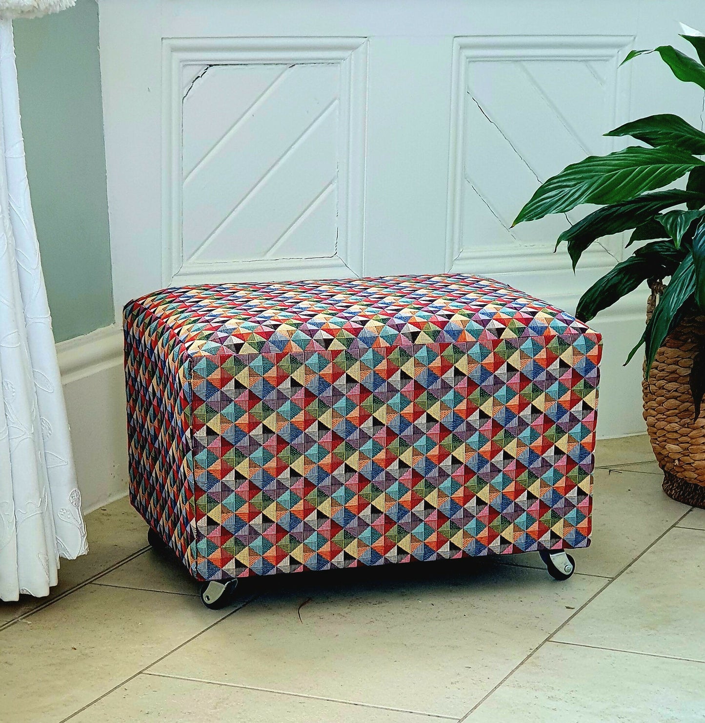 Footstool Pouffe Ottoman on castors Rescued, Restored & Reupholstered in a Modern, Geometric Fabric.