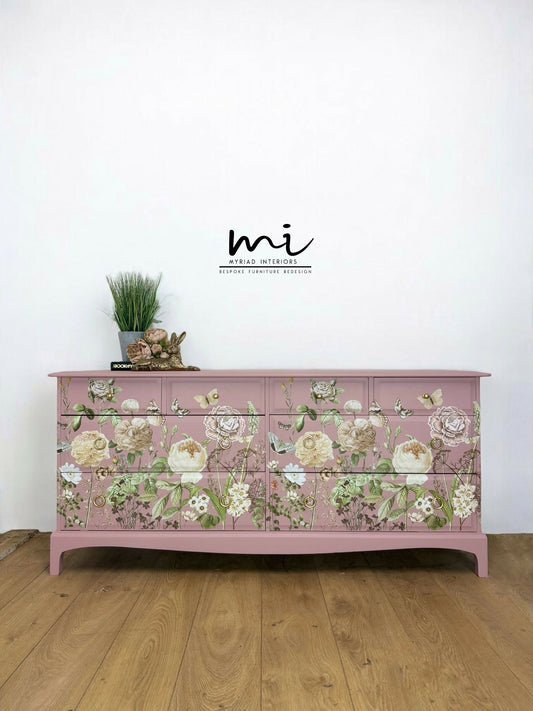 Refinished Stag Minstrel Captains Chest Of Drawers In Dusky Pink With Floral Design, large drawers, sideboard