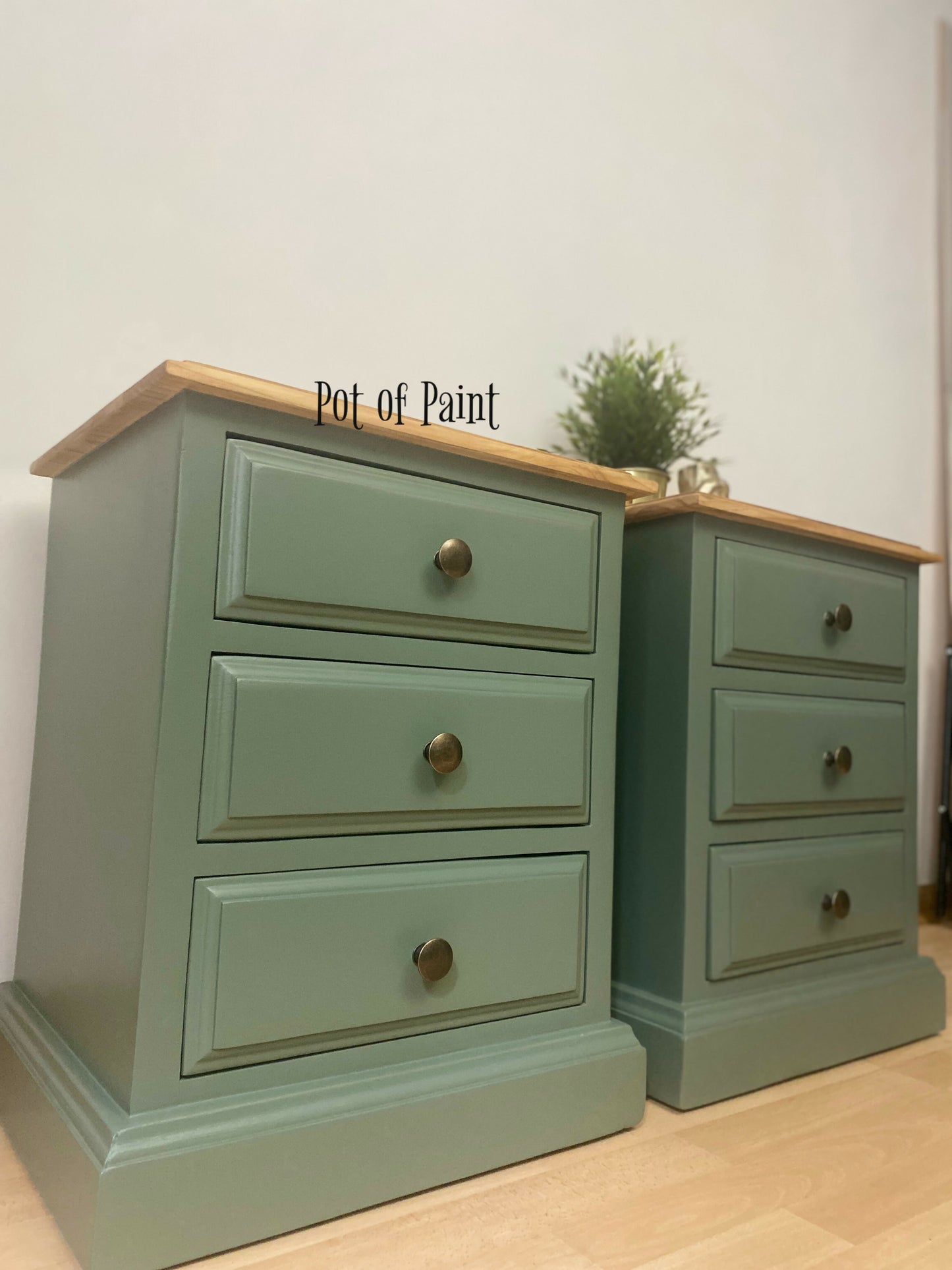 Pair of Smoke Green Bedside Tables / cabinets