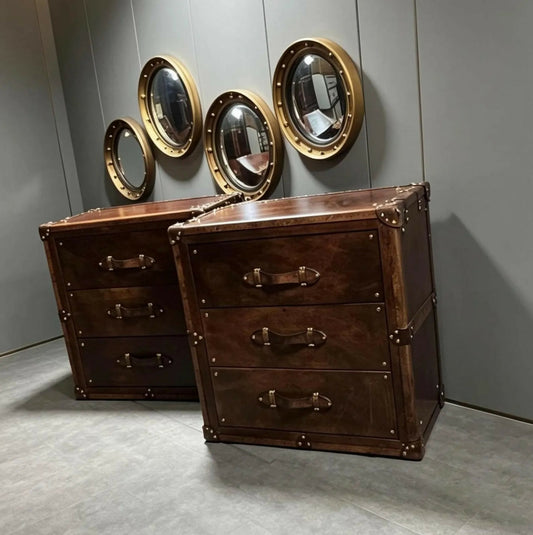 Leather luxury English bedside drawers - Handmade nightstands - Hand dyed bridle - Chestnut brown