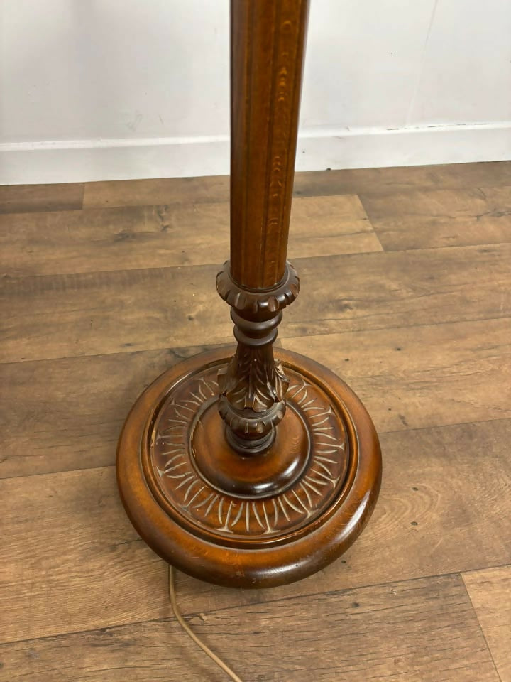 Vintage Carved Standard Lamp with Handmade Feather Shade