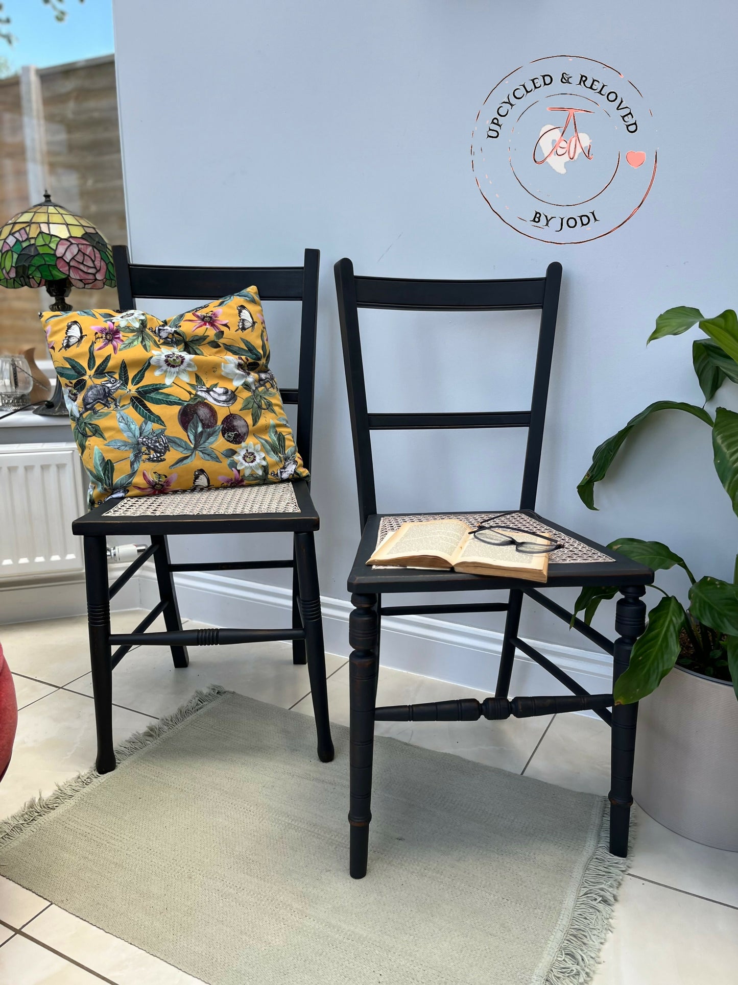 Edwardian chairs with rattan seats, lightly distressed in Ash Black- PAIR OF 2 CHAIRS