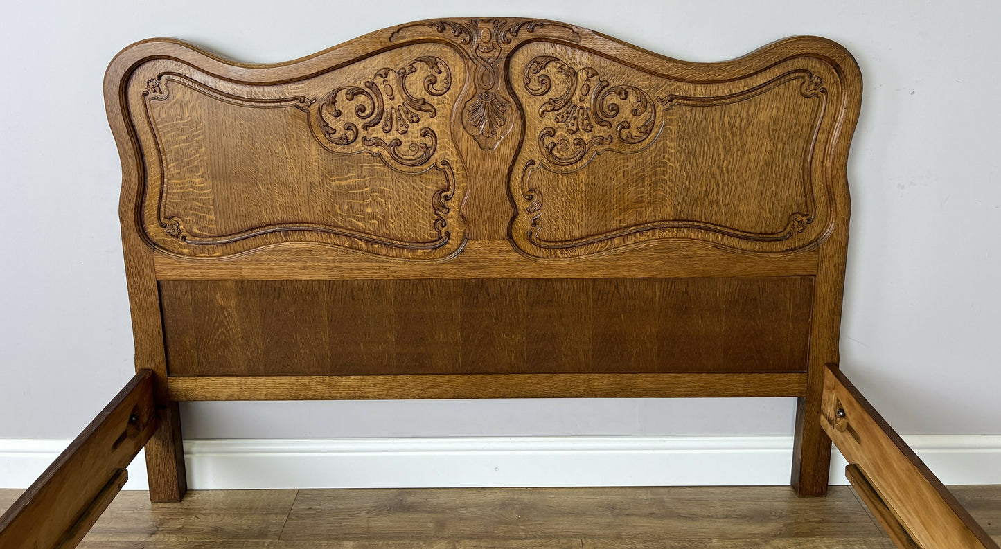 Bed Vintage French Louis XVI Oak Double Bed Frame Carved Headboard LOT 6375