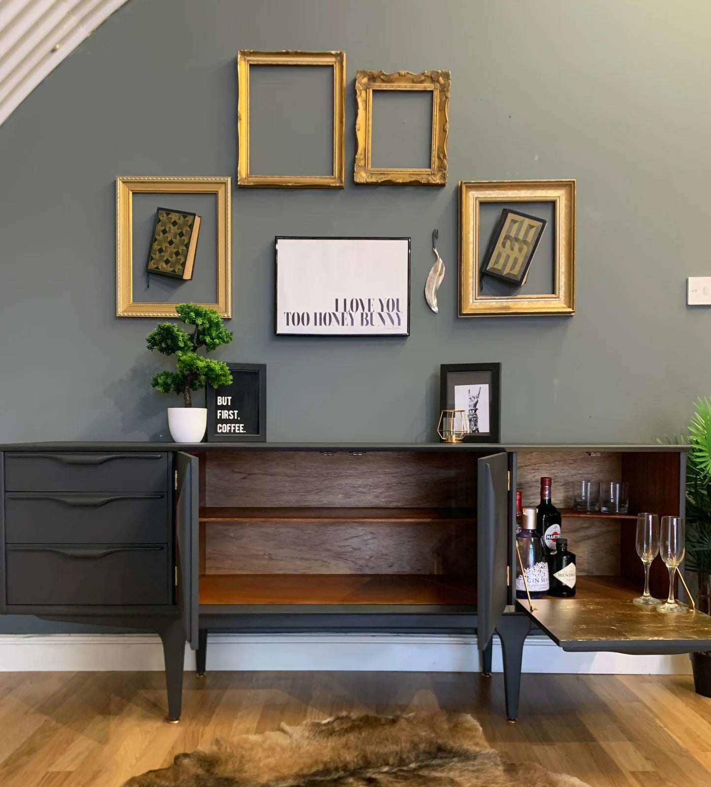 Jentique teak sideboard in dark grey and gold leaf