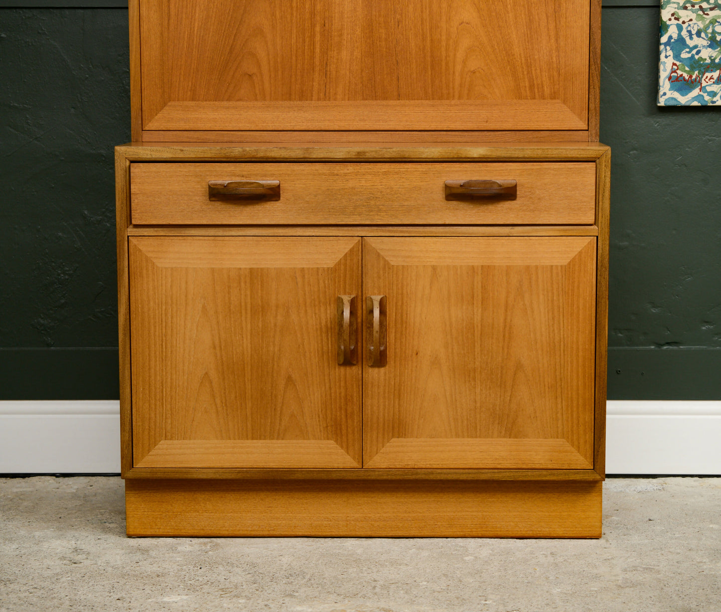 G Plan Sierra Wall Unit with Drinks Cabinet and Green Backboard