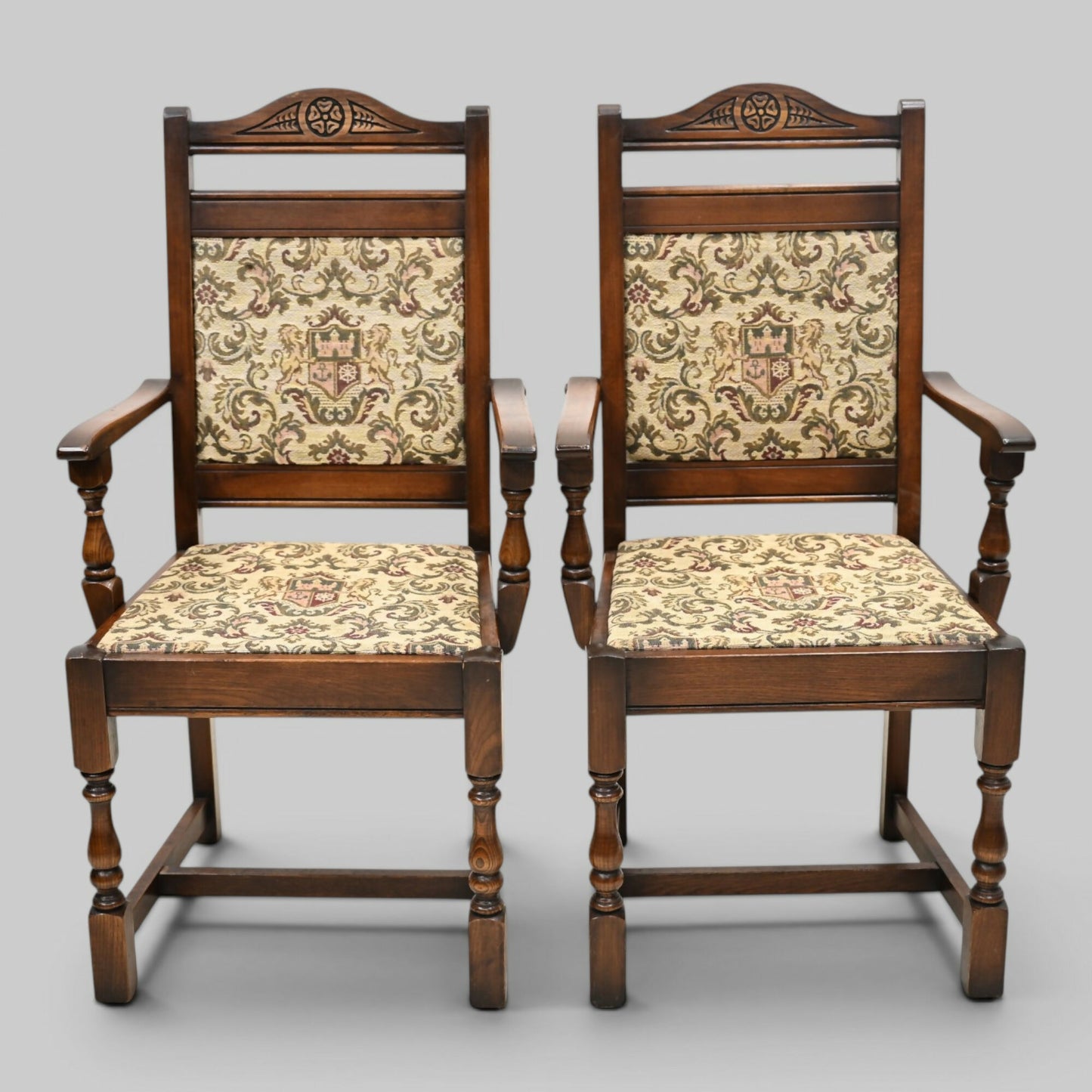 2 Old Charm Dining Chairs Carvers Light Oak Finish Tudor Fabric FREE UK Delivery