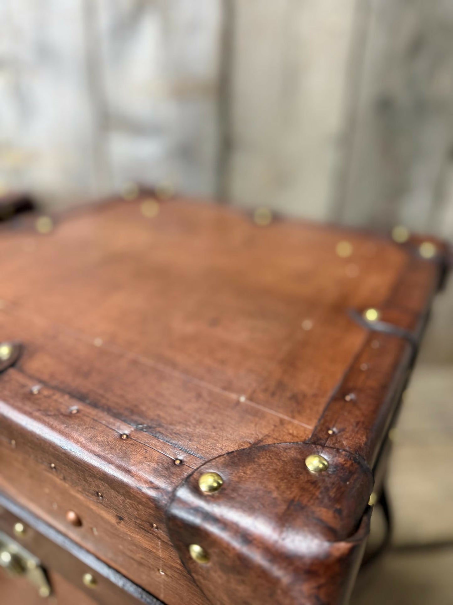 English vintage storage trunks - matching luxury pair - chestnut brown hand dyed