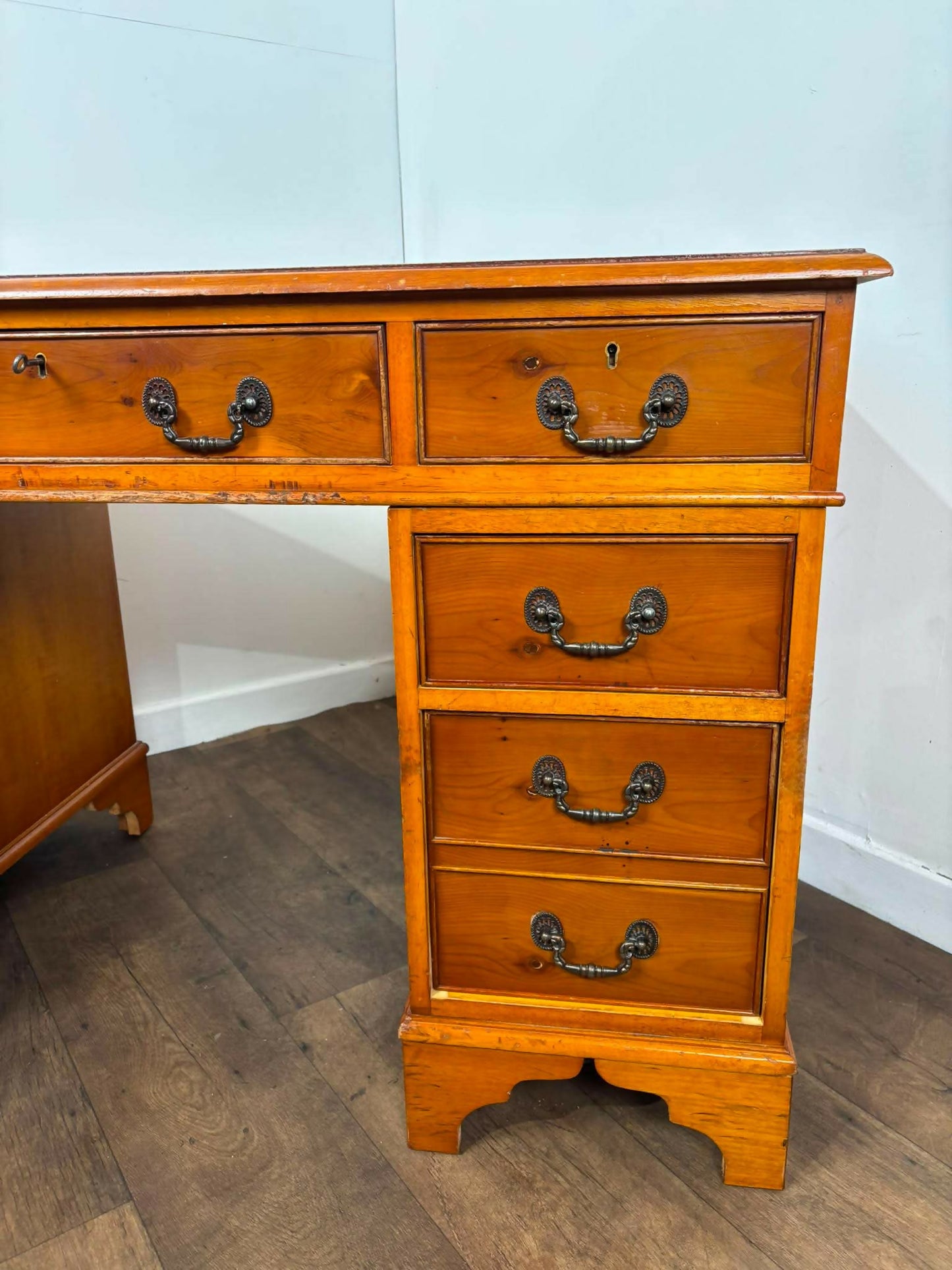Reproduction Yew Twin Pedestal Desk with Leather Top