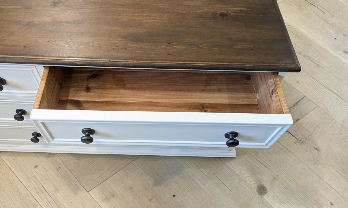 Solid pine rustic off white taupe chest of drawers merchant low boy sideboard