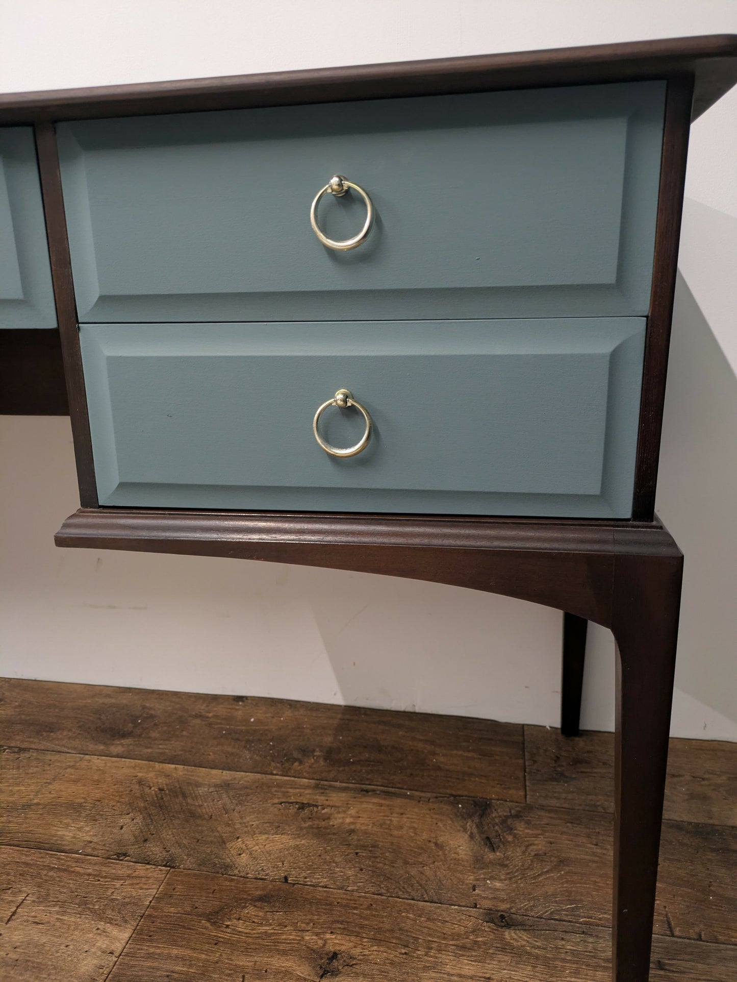 Vintage Stag Minstrel Dressing Table, Desk Dark Wood and Green Blue. Painted Upcycled Furniture