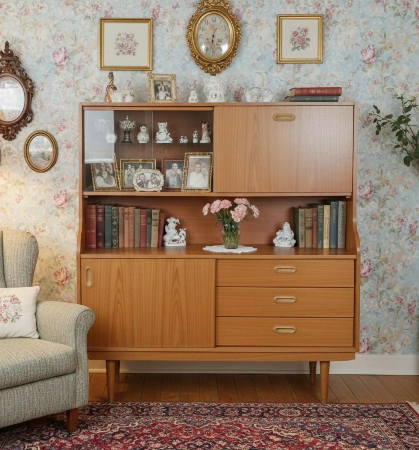 Mid Century Highboard Sideboard by Schreiber | Vintage 1960s Teak effect Drinks Cabinet