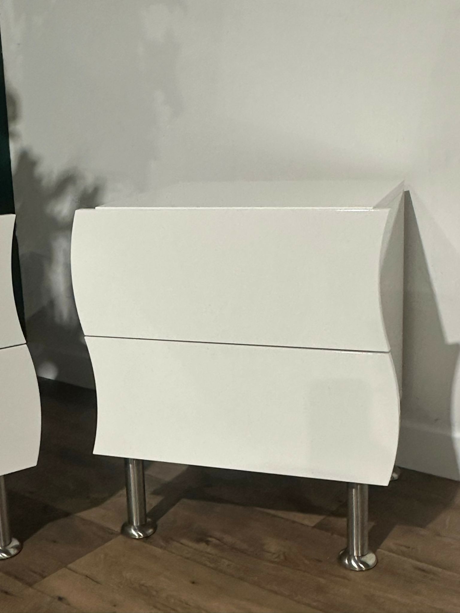 Contemporary Pair Of White Irregular Shaped Bed Side Cabinets5