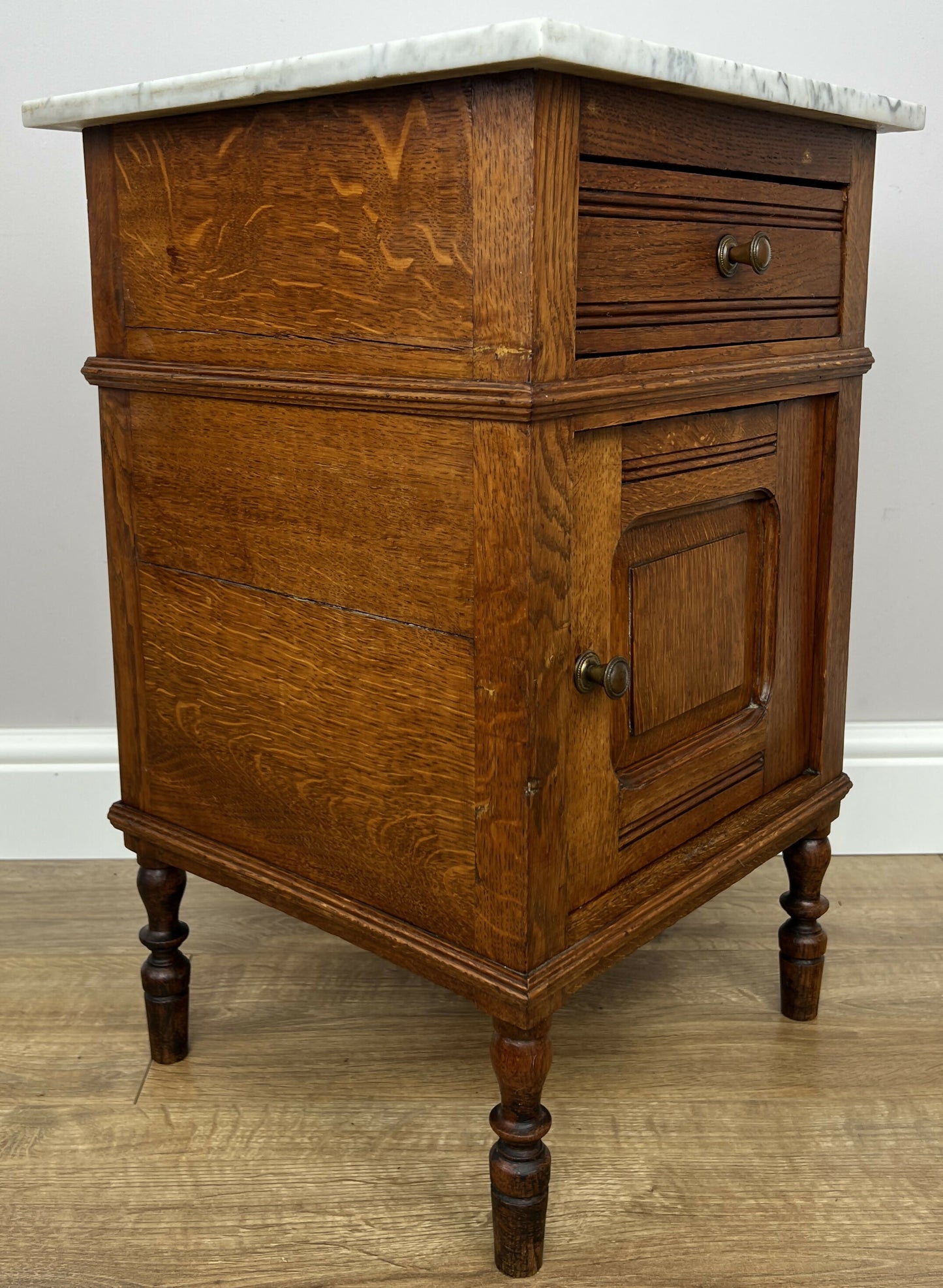 Bedside Table Antique French Style Marble Top Oak Cabinet Nightstand LOT 6235