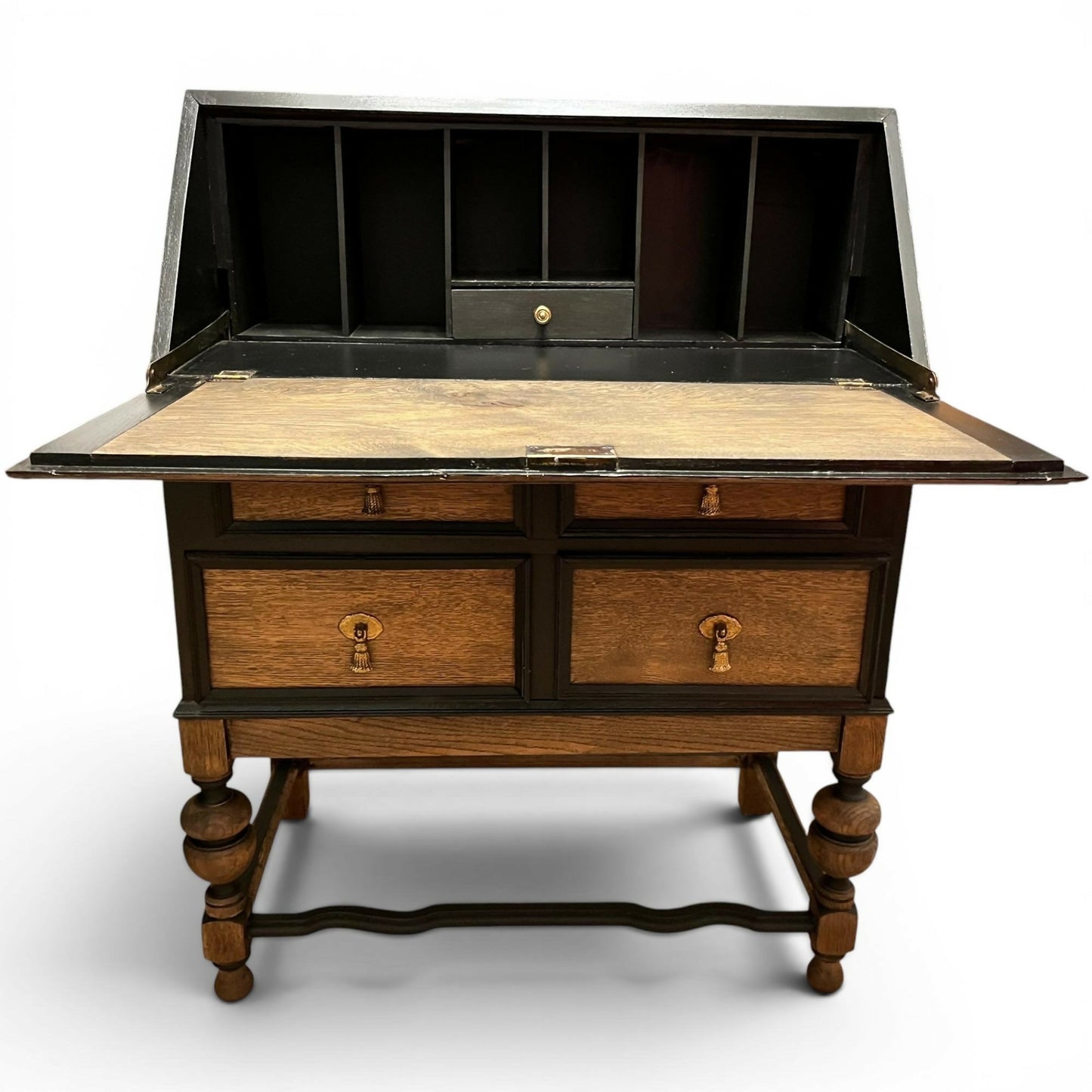 Vintage Oak Bureau Writing Desk / Fall Front Bureau / Refinished Storage Cabinet Black & Wood