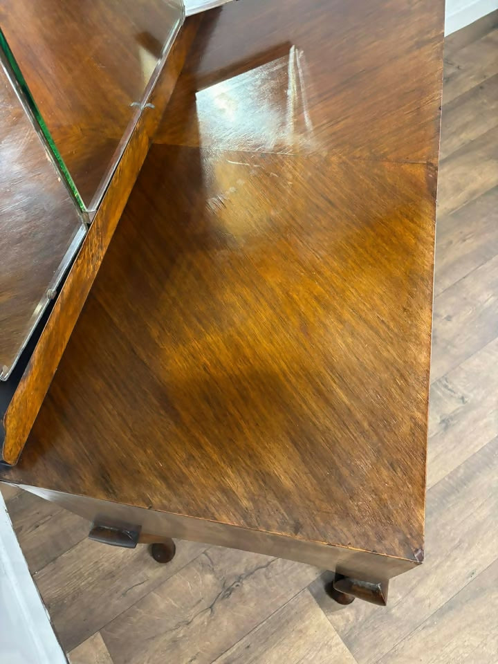 Vintage Walnut Veneered Triptych Mirror Dressing Table