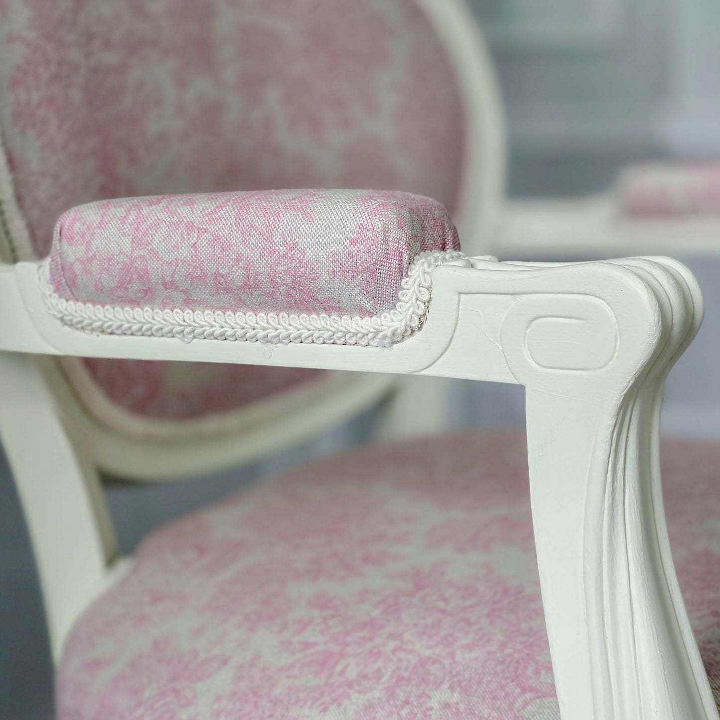 Louis XVl Newly Upholstered Accent Chair, Bergere, Pink Toile Fabric, Cream Painted Frame, Cabriole Legs. Venetian influences.
