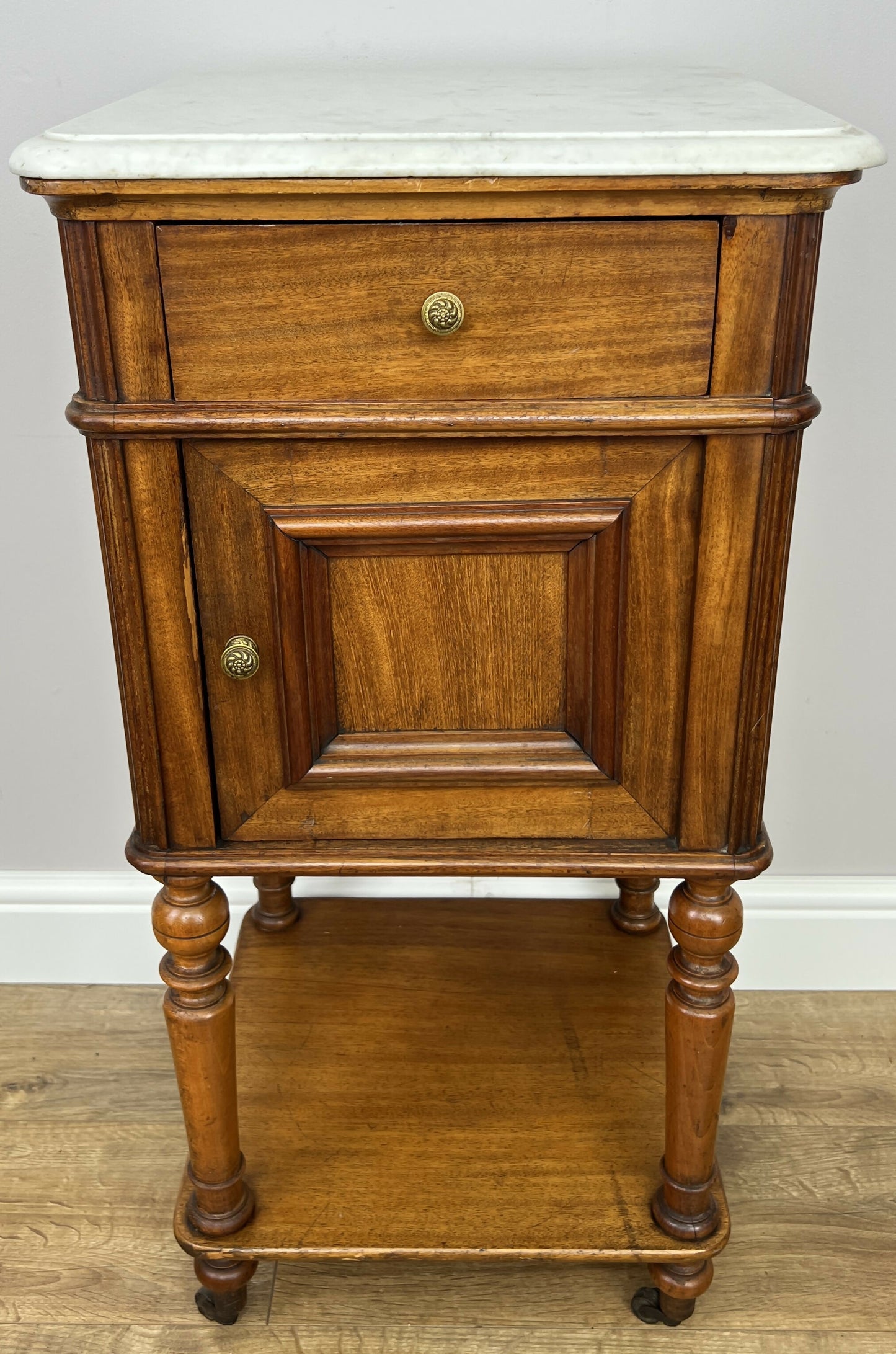 Bedside Table Antique French Style Marble Top Walnut Cabinet Nightstand LOT 6242