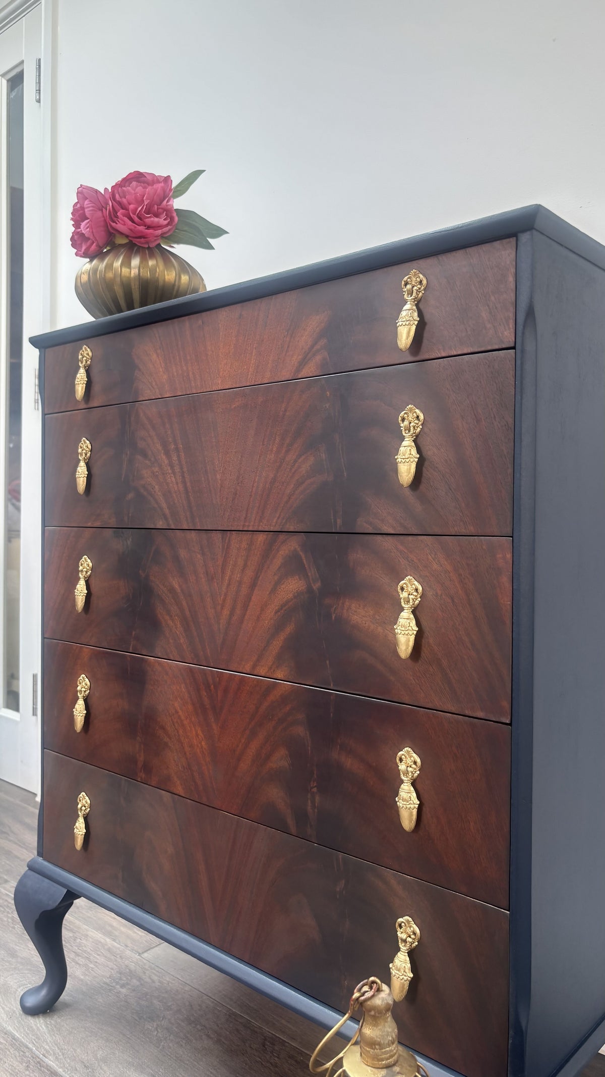 Vintage Navy Blue Flame Mahogany Dresser | Refurbished 5-Drawer Chest of Drawers | Brass Hardware Queen Anne Furniture