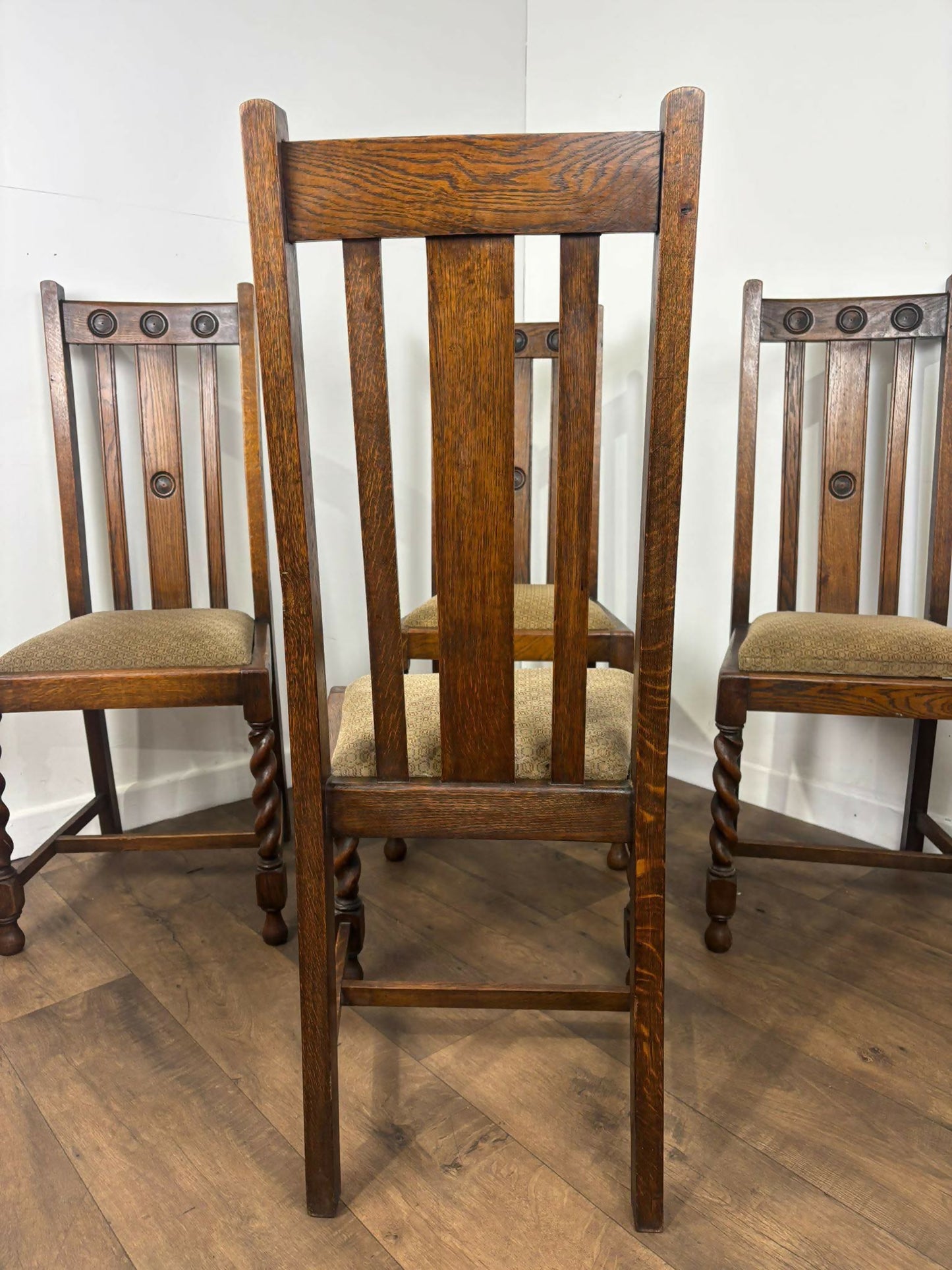 Vintage Set of Four Oak High Back Barley Twist Dining Chairs