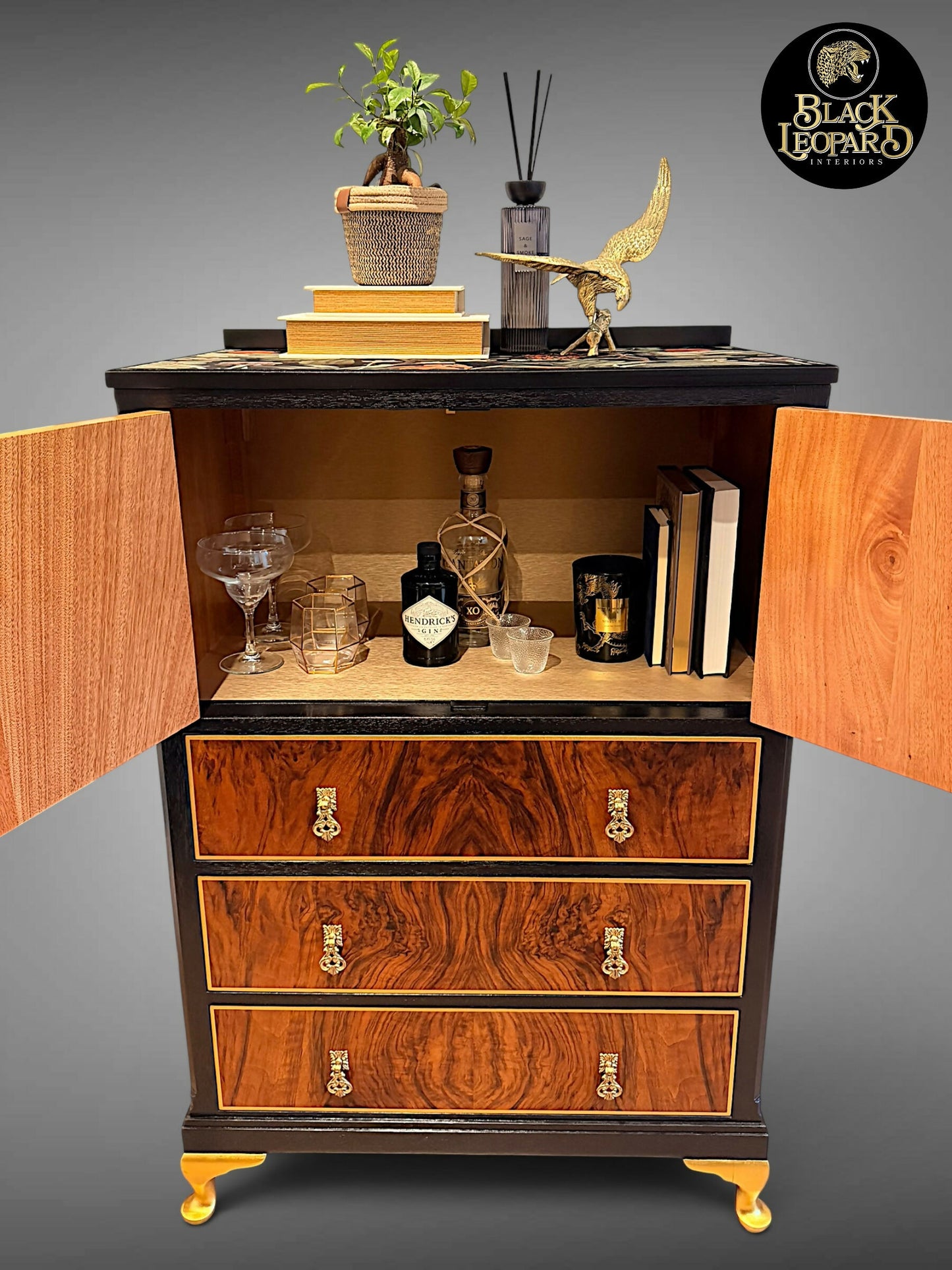 Vintage Art Deco Tallboy Cabinet, Refinished Restored Bespoke Design, Handmade