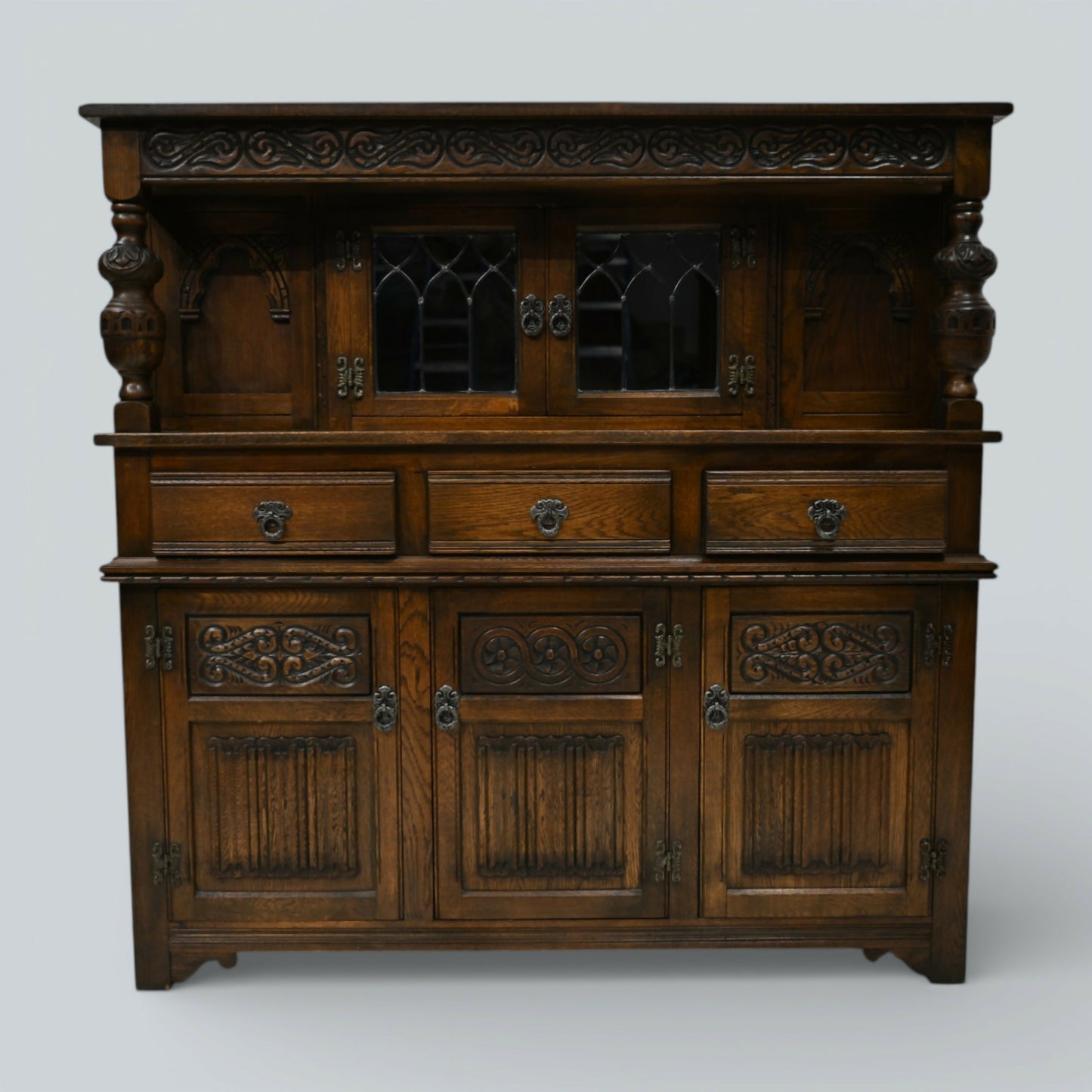 Old Charm Gothic Court Cupboard Buffett Sideboard Light Oak FREE UK Delivery.