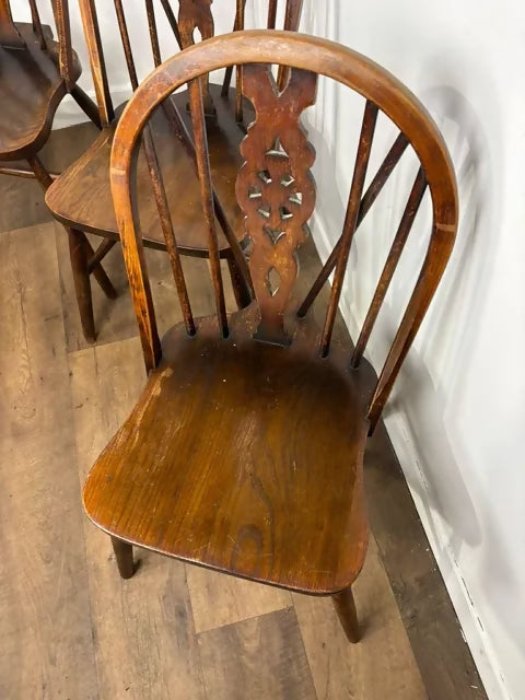 Vintage Set Of Four Oak Wheelback Dining Chairs