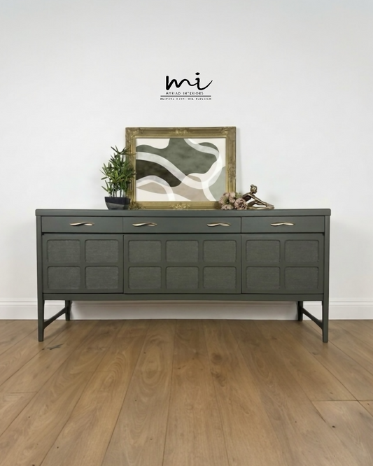 Refinished Mid Century Deep Olive Green Large Nathan Sideboard with drinks cabinet