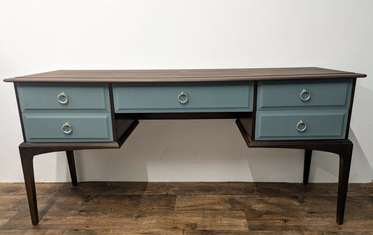Vintage Stag Minstrel Dressing Table, Desk Dark Wood and Green Blue. Painted Upcycled Furniture