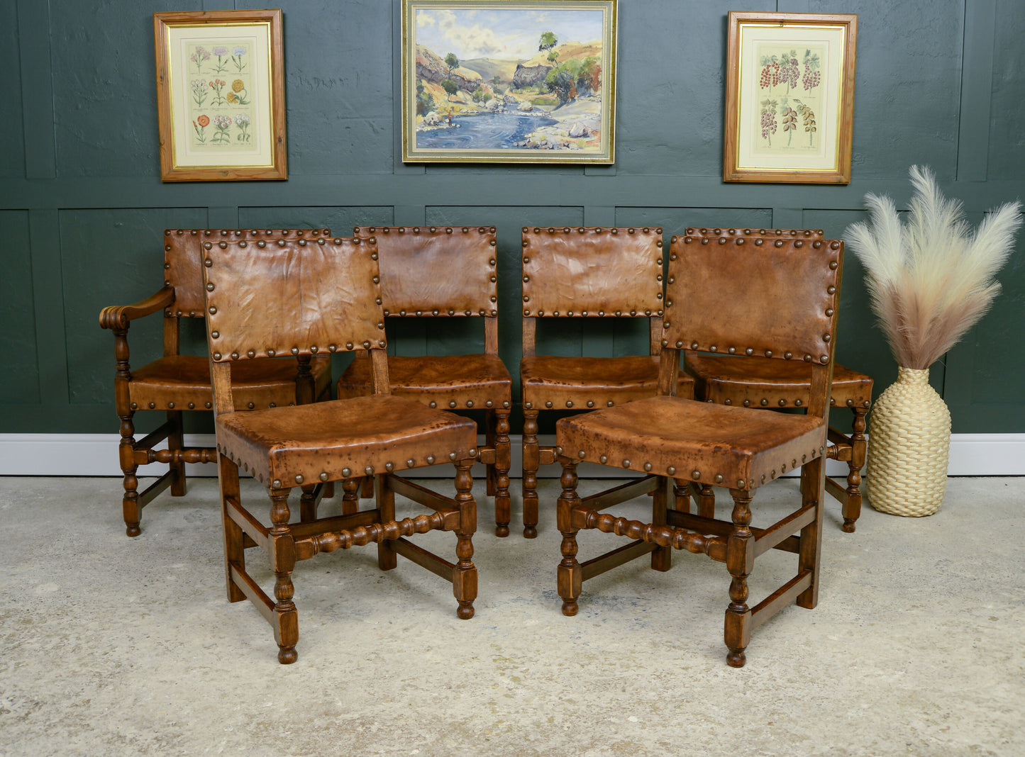 6 Oak Leather Dining Chairs - Cromwellian Style