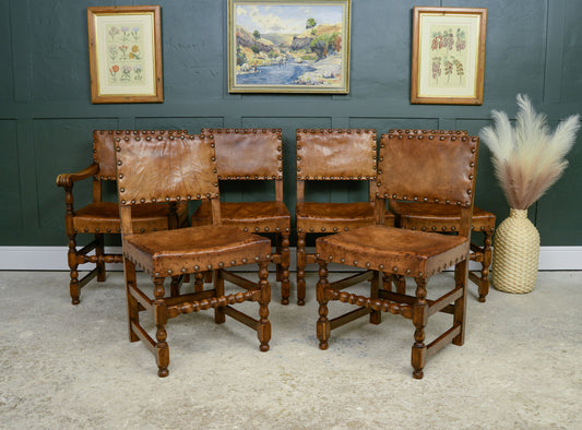 6 Oak Leather Dining Chairs - Cromwellian Style