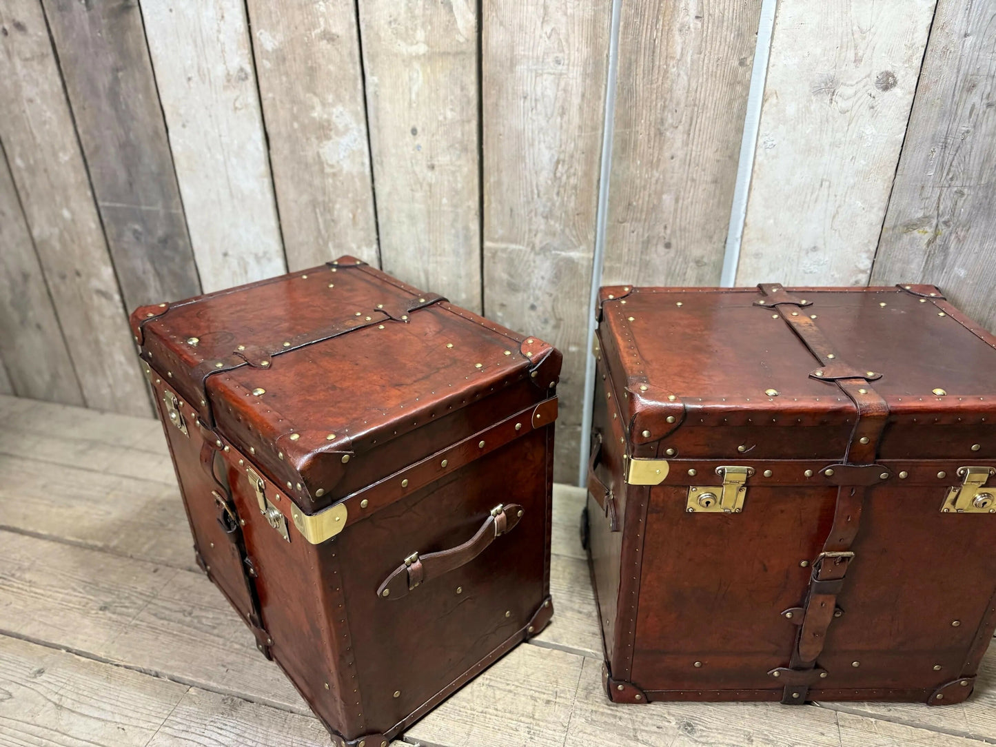 Antique Chestnut Leather Designer Belting Trunks