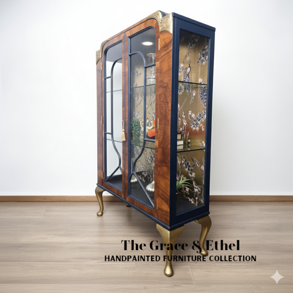art deco peacock navy and gold glass cabinet-MADE TO ORDER