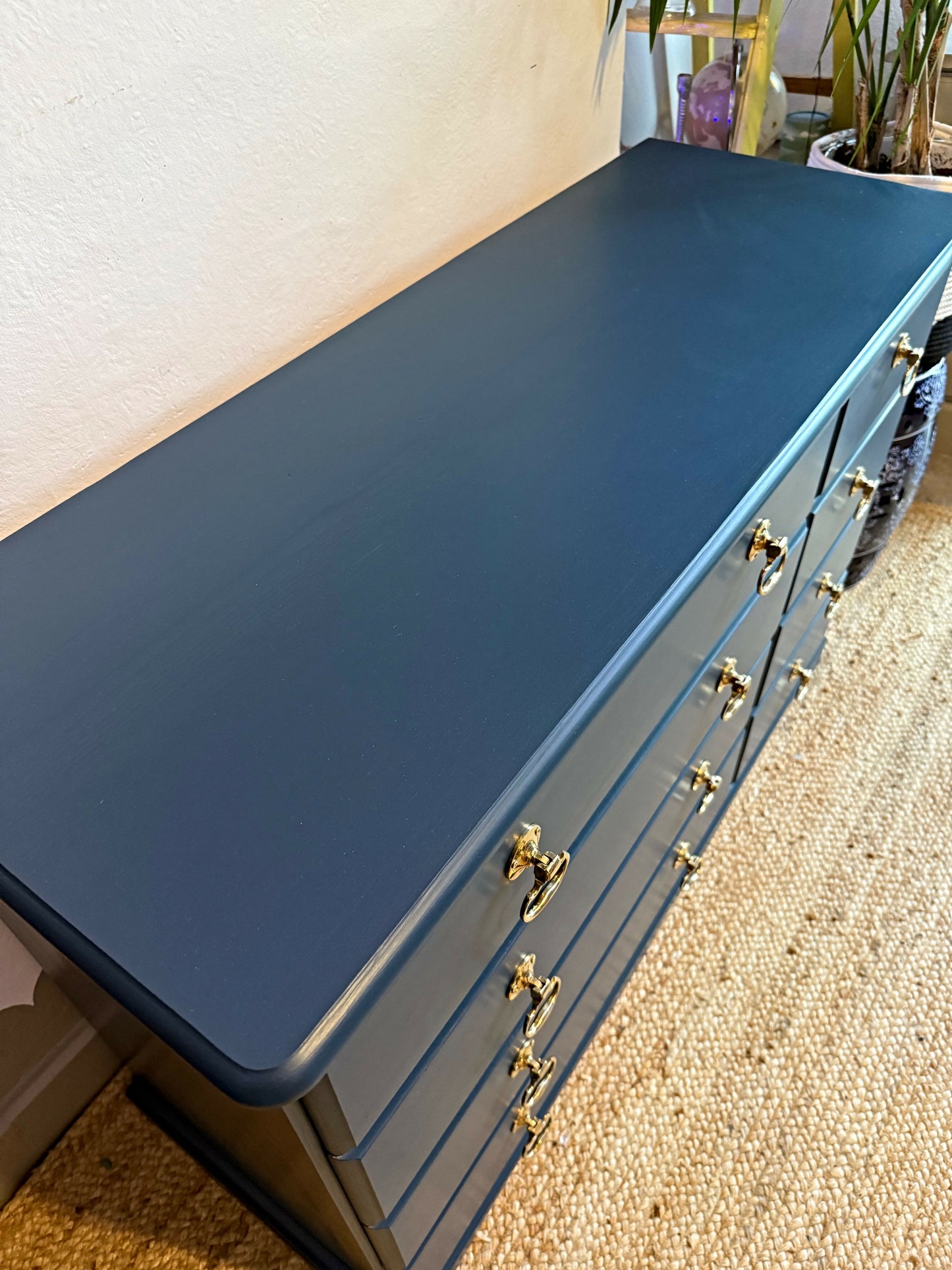 Newly refurbished solid wood chest of drawers blue bank of drawers dovetail joints