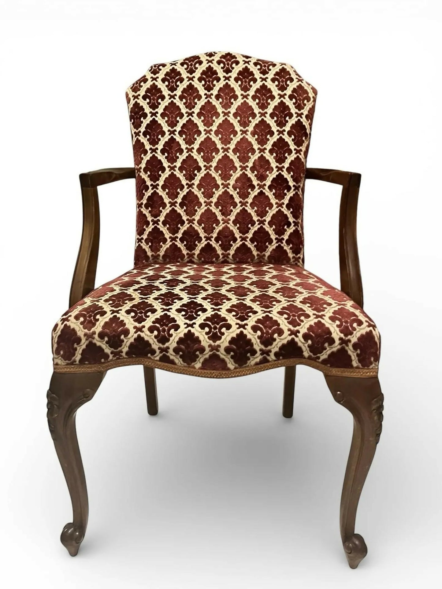 Antique Upholstered Armchair 93cm High 57cm Wide Red Pattern Fabric Wooden Frame