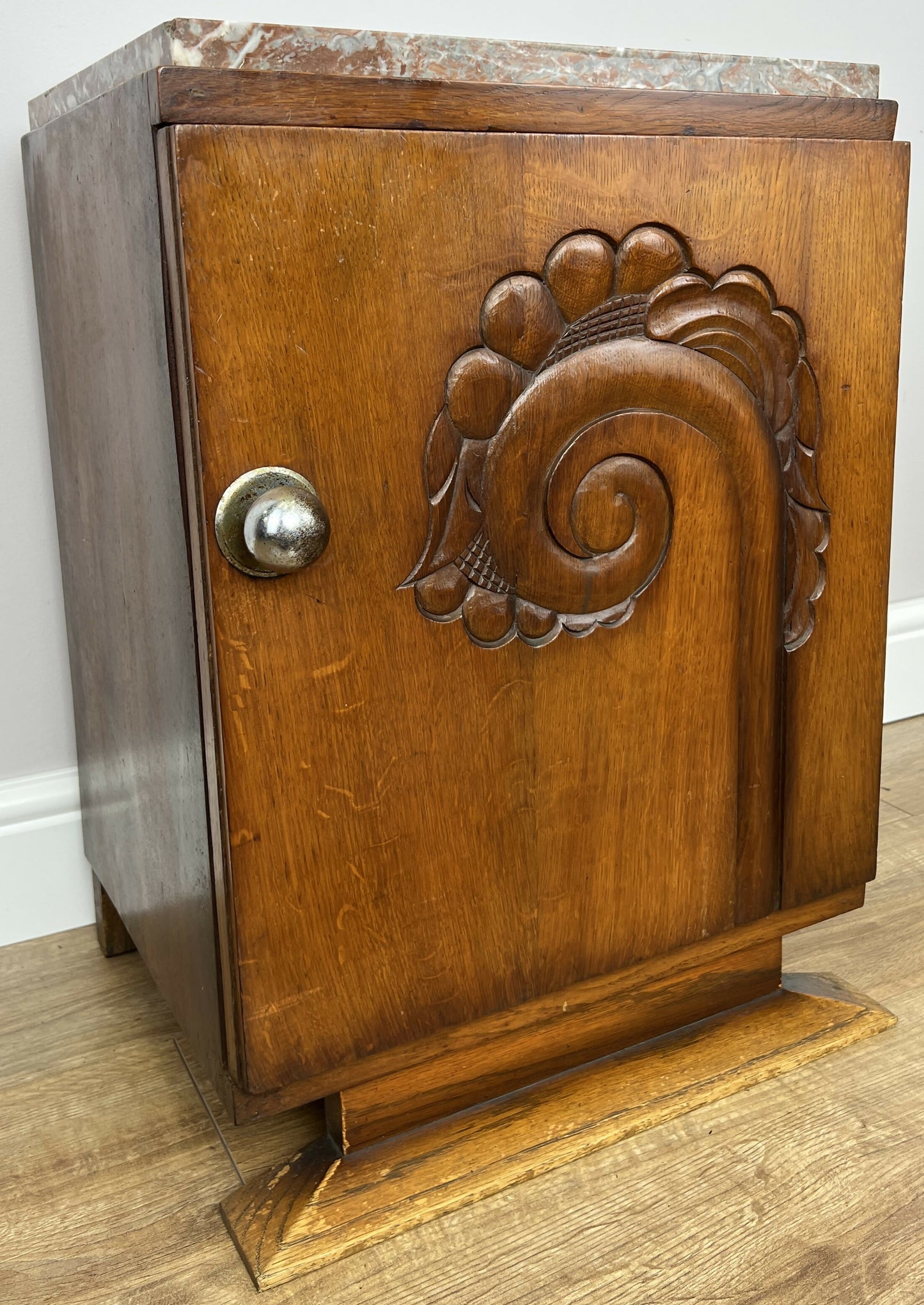 Bedside Table Antique French Art Deco Marble Top Oak Cabinet Nightstand LOT 6238